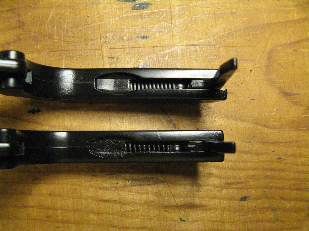KJW MK1 Ruger NBB 24 View of two triger pin clip assemblies showing different strength pins fitted.